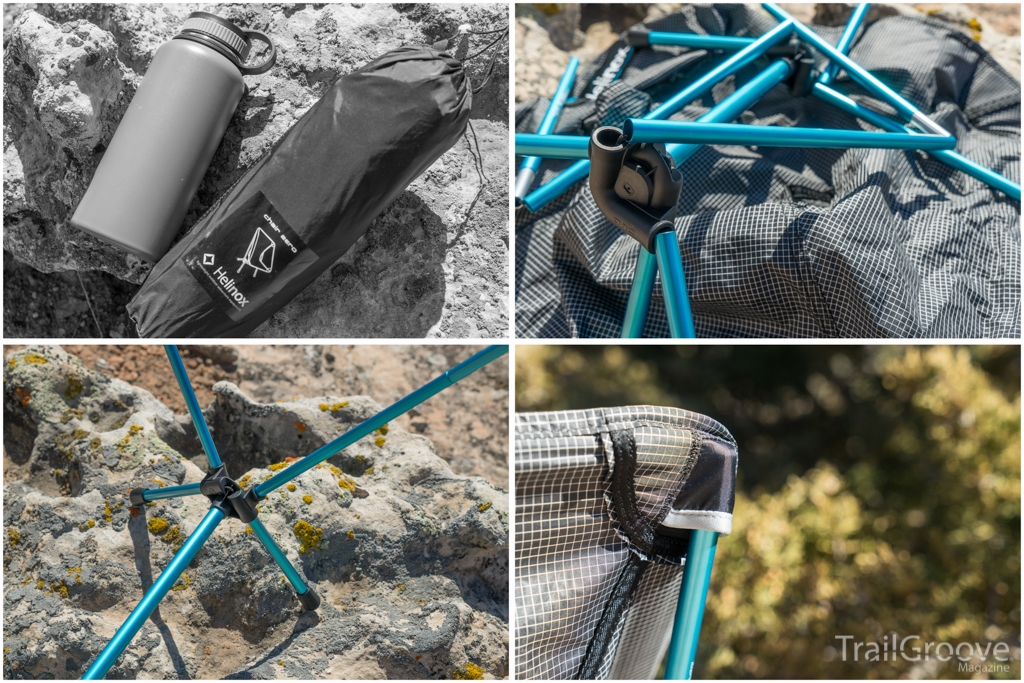 Helinox Chair Zero Frame, Packed Size next to water bottle, Assembly, and Attachment Points