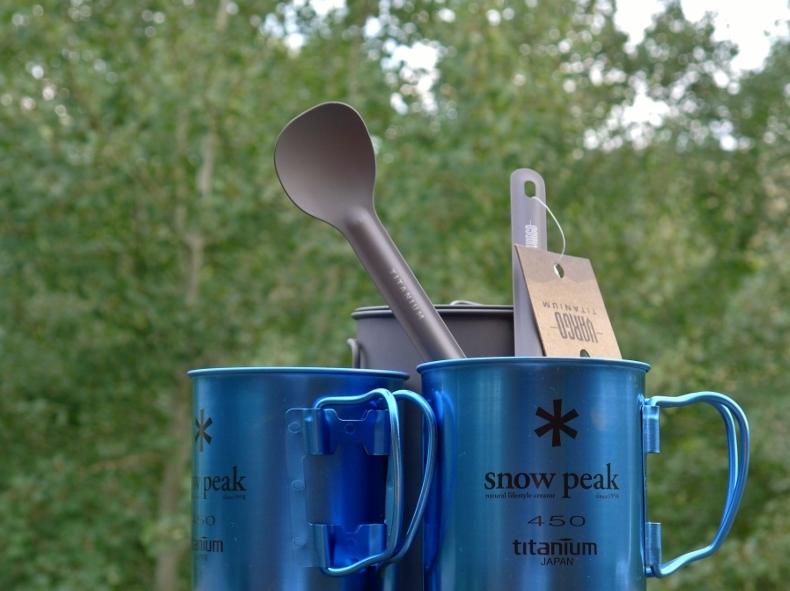 Snow Peak 450 Titanium Mug, Vargon Long Handled Spoon