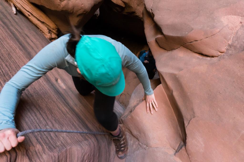 Descending the Rockfall by Rope in Buckskin Gulch