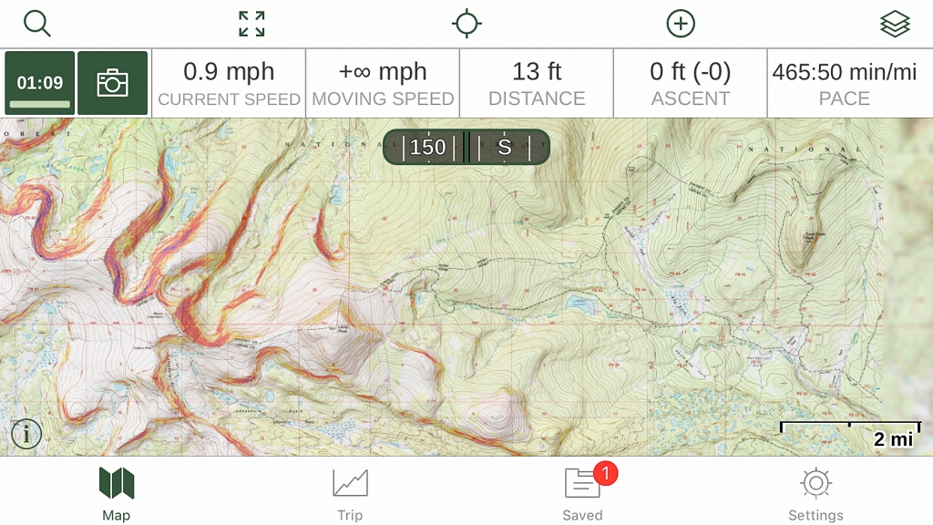 An Example of Gaia GPS Showing Trails and Roads on a USGS Topo Map with Slope and Shaded Relief Layers