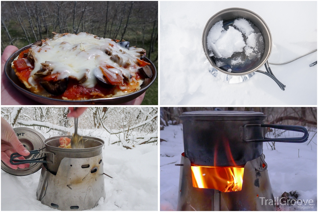 Backpacking Pizza , Melting Snow, Meal in the Pot and Cooking with Wood Fire with Evernew 1.3 Ultralight Titanium