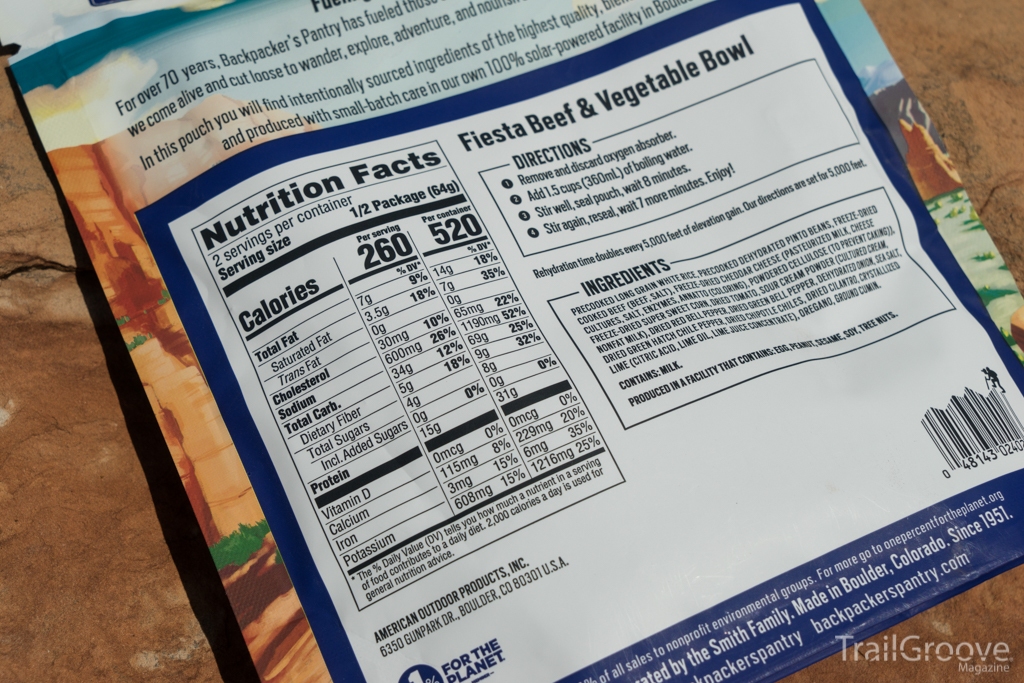 Backpacker's Pantry Fiesta Beef & Vegetable Bowl Ingredients & Nutrition